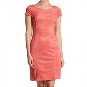 Nanette Lepore Dress 10 Pink Faux Suede Midi Sheath Zip Lined Cap Short Sleeve